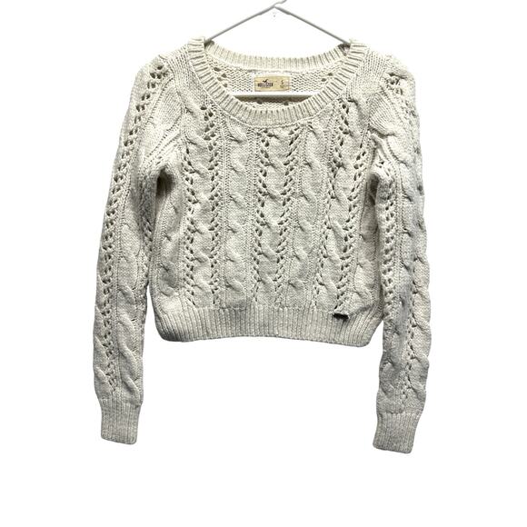 Hollister Chunky Knit Sweater Small Cream Cropped Cable Y2K Coquette Fisherman - Picture 1 of 9